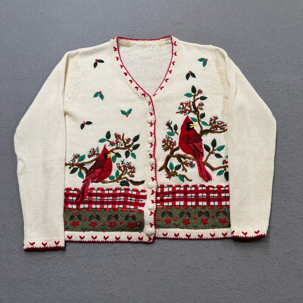 Vintage Cardinal Bird Sweater Women's Large Cream Embroidered Holiday Cardigan